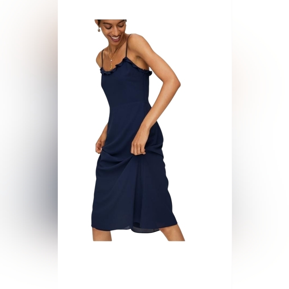 Wilfred Navy Blue Midi Slip Dress with Ruffle Trim